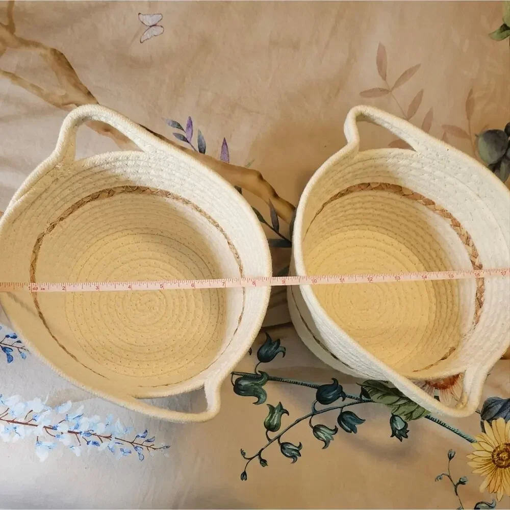 Woven Cream and Tan 2 Small Storage Baskets NWOT